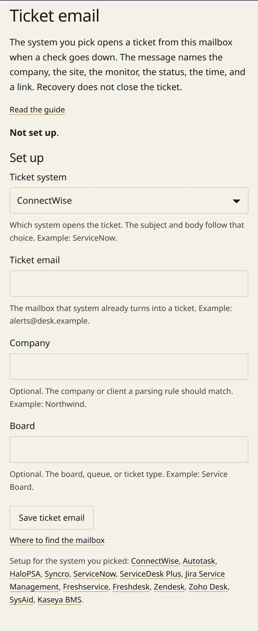 The ticket email form. A ticket system, the mailbox, and optional company and board fields.