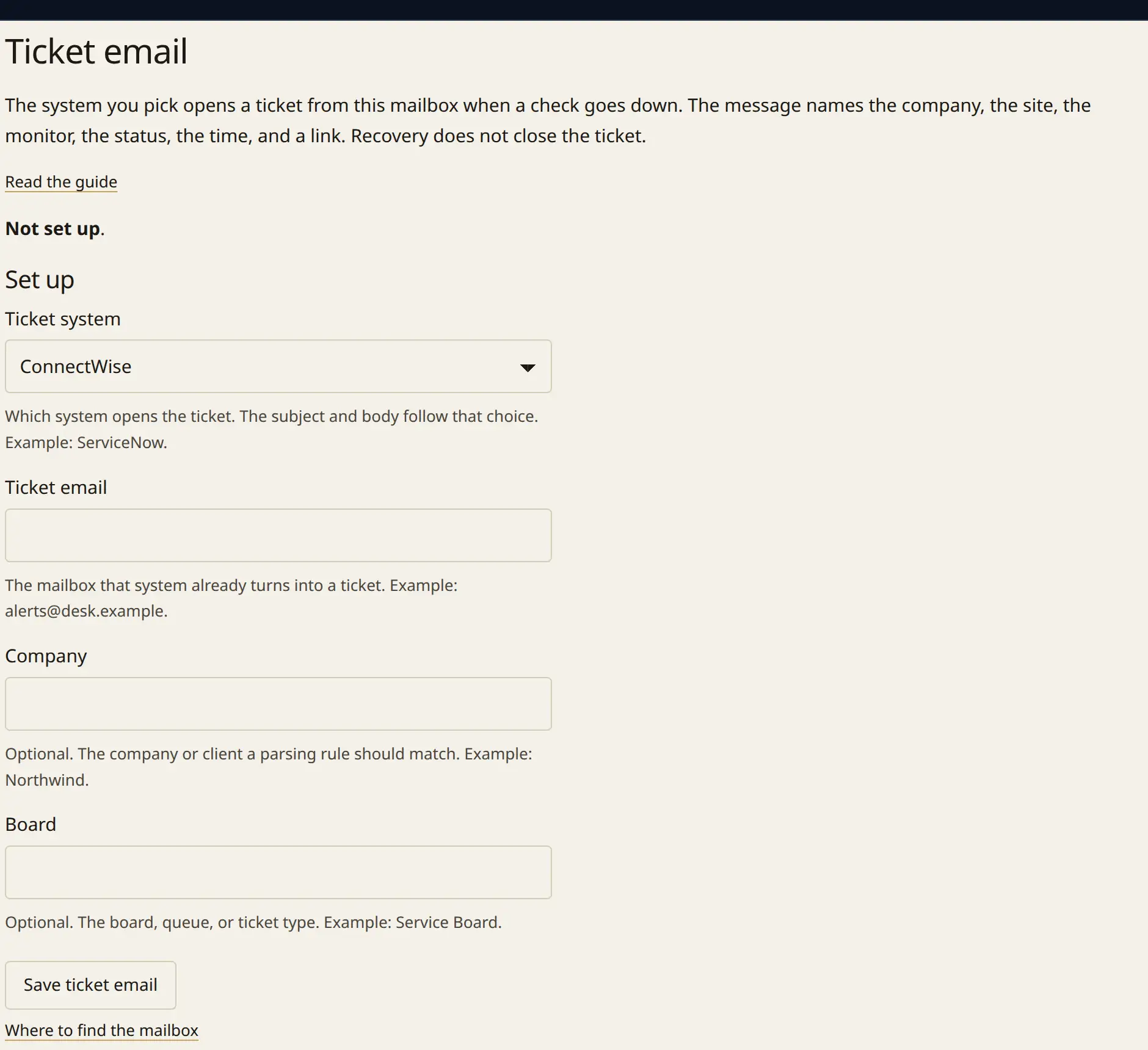 The ticket email form. A ticket system, the mailbox, and optional company and board fields.