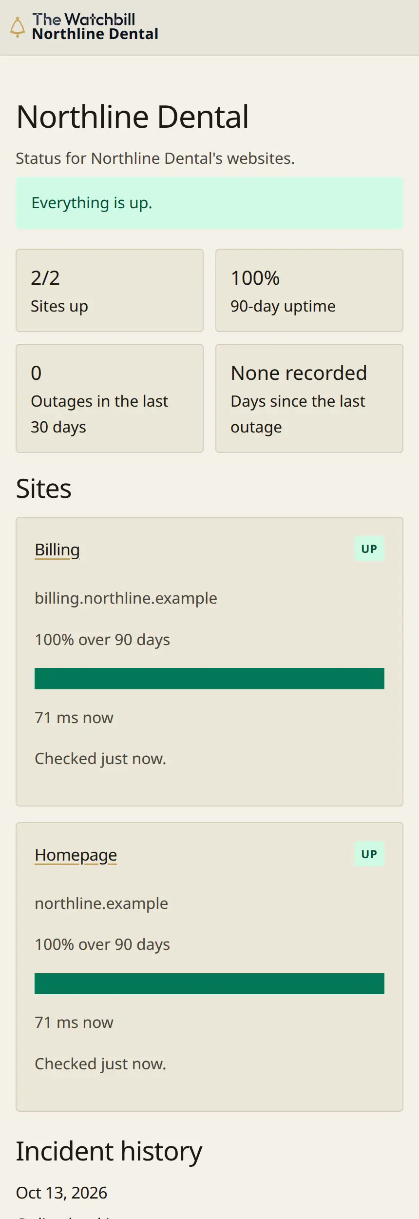 A published status page for an example client. Both sites are up, and the incident history lists a resolved update.