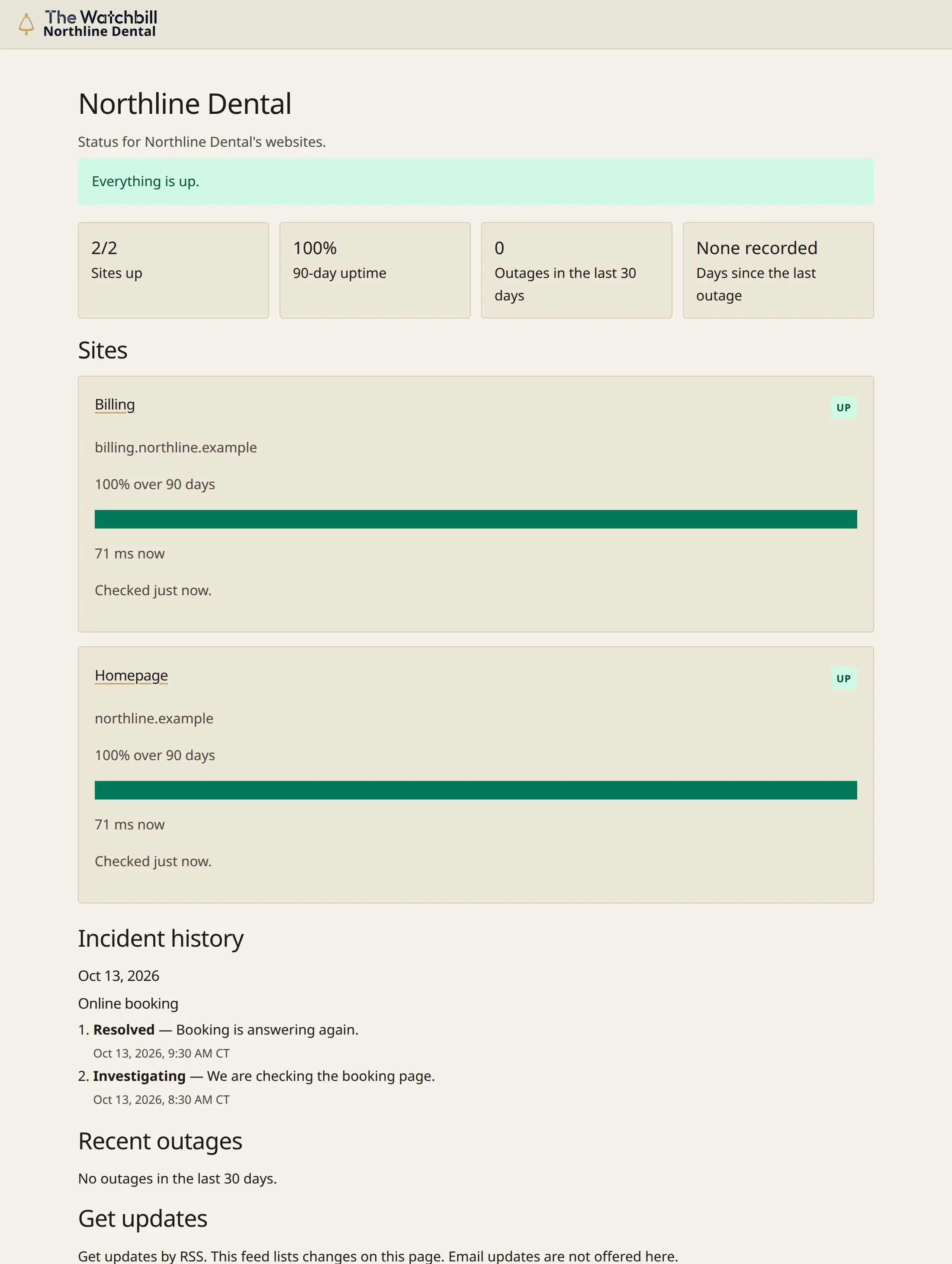 A published status page for an example client. Both sites are up, and the incident history lists a resolved update.