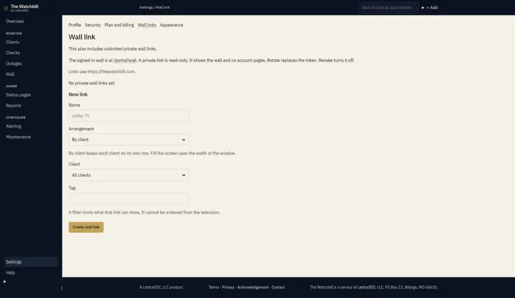 Wall links in Settings. The plan includes unlimited private wall links, and no link is listed yet.